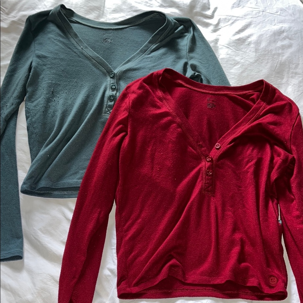 Red and Green Long Sleeve Button-Up Tops